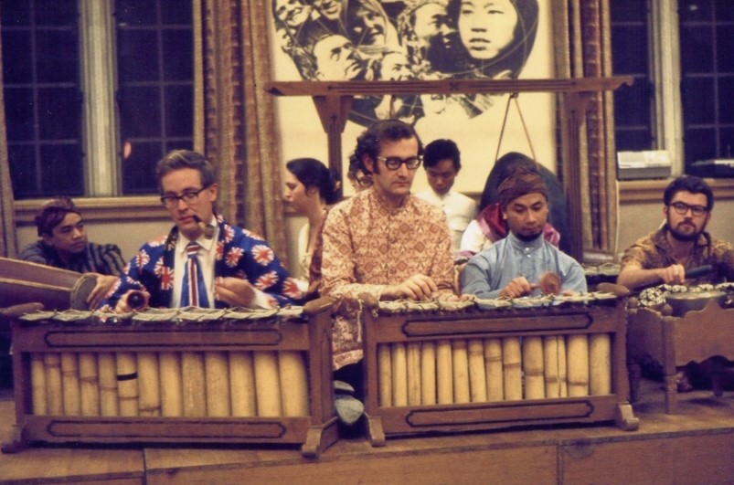 Ben Anderson and other gradstudents palying gamelan in 102