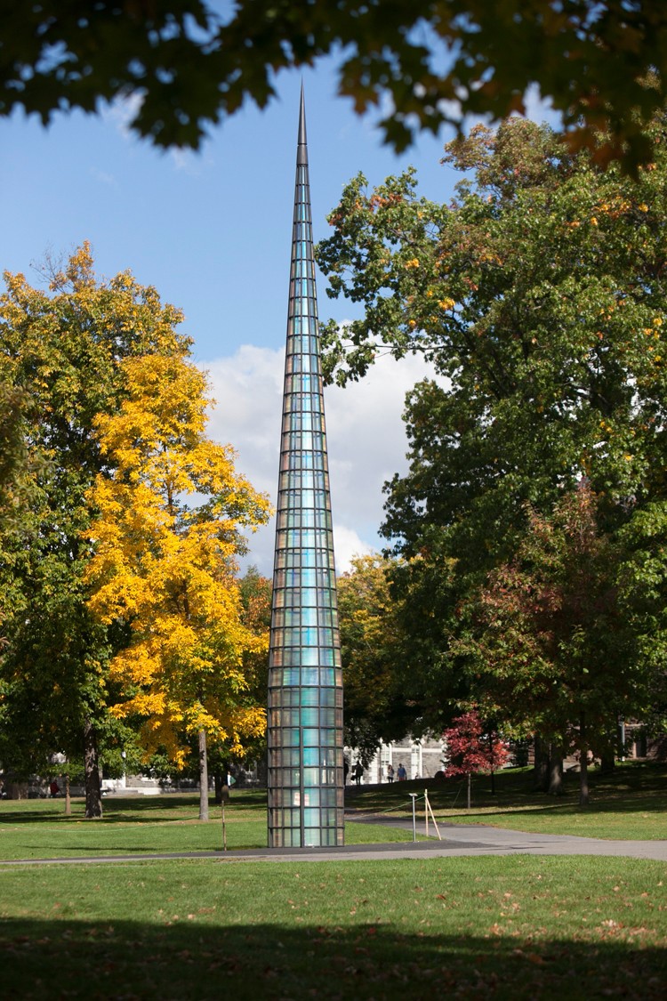 Kimsooja's "A Needle Woman" sculpture in fall, part of the Cornell Council for the Arts' (CCA) 2014 Biennial.