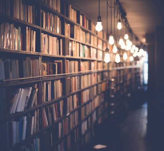 Bookshelves in a library.