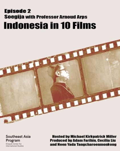 A flyer for Episode 2 of the podcast "Indonesia in 10 Films," featuring the title of the episode and an image of a film strip. 