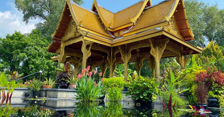 A photo of a Thai-style pavilion at the Olbrich Botanical Gardens, Madison, Wisconsin
