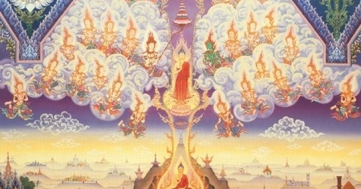 The Buddha's Descent from Tavatimsa, mural by Chalermchai Kositpipat, Wat Buddhapadipa, Wibledon, London, United Kingdom.
