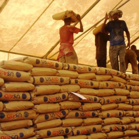 People carry away bags of rice labeled "USAID."
