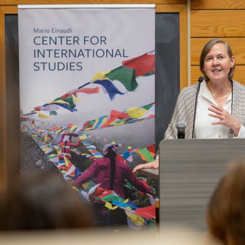 Ellen Lust speaks to a crowd at the Lund Debate. 