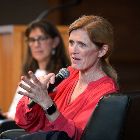 Samantha Power (front), with Vice Provost Wendy Wolford, responded to a student’s question.